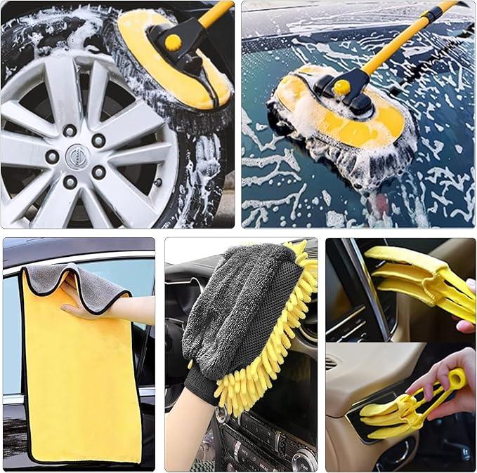 Car Wash Brush with Long Handle, 55 inch Car Wash Mop Car Wash Kit Mitt Retractable Bent Pole Car Wash Brush for Cars RV Truck Boat - NeatNest