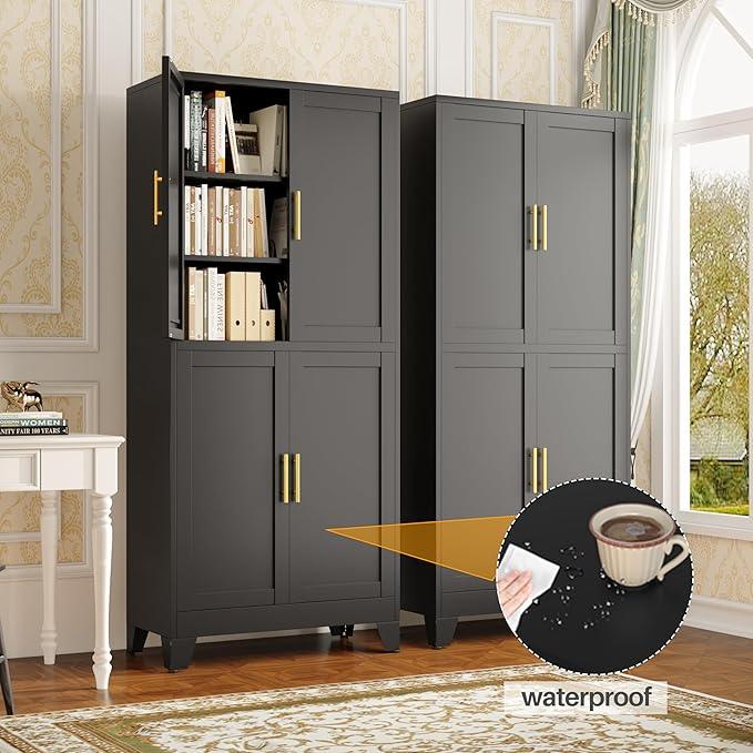 75" H Tall Kitchen Pantry Cabinet, Pantry Storage with Doors and 3 Adjustable Shelves, Metal Storage, Cupboard for Kitchen, Black - NeatNest