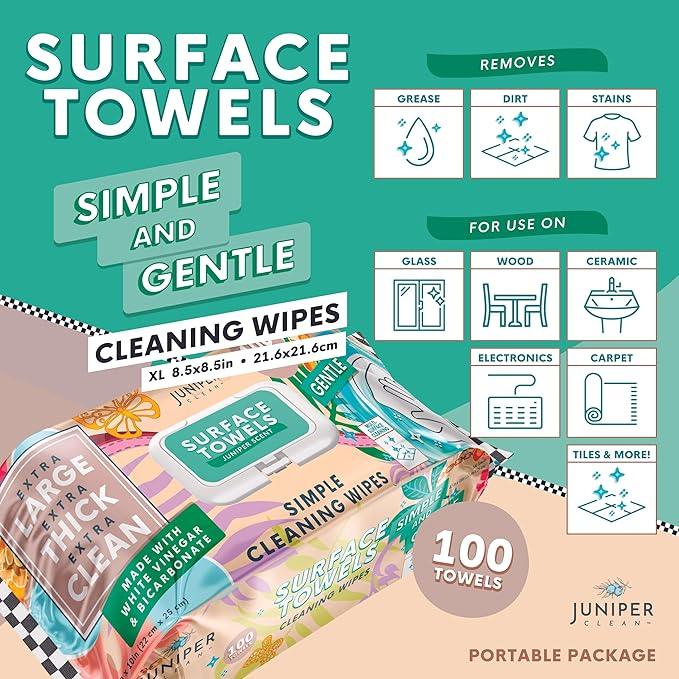 3 Packs Surface Cleaning Wipes Bleach Free, Thick & Large Dispose, All-Purpose Cleaner for Bathroom, Kitchen, Office, 300 Count Soft Flow, Biodegradable, Juniper Scent - NeatNest