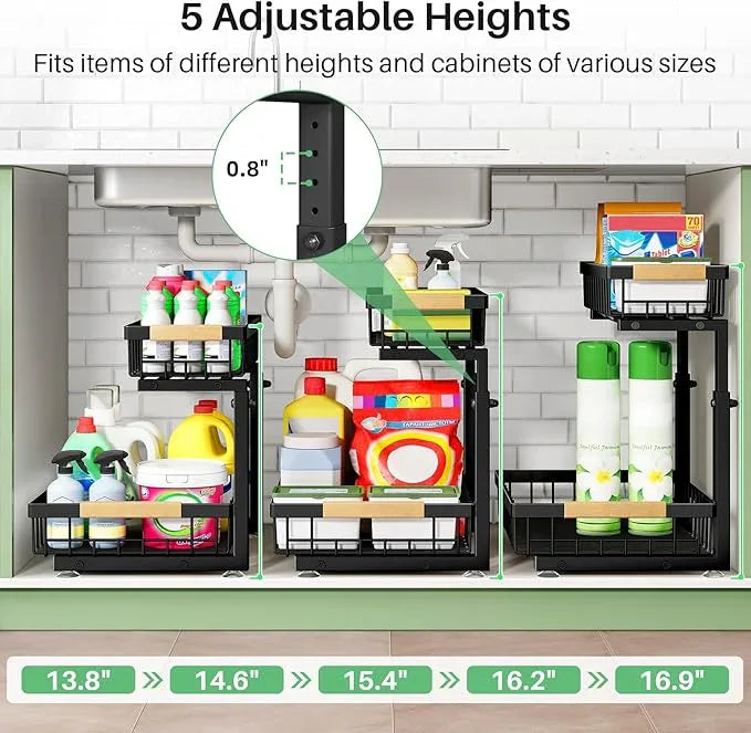 Pull out Cabinet Organizer, 2 Tier Under Sink Organizer, Slide out Metal Kitchen Cabinet Organizers Drawer Shelf, Sliding Storage Shelves for Kitchen Bathroom Pantry Cabinet Closet Organization Rack - NeatNest