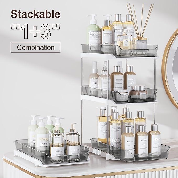 Delamu 2-Tier Multi-Purpose Bathroom Under Sink Organizers and Storage, Stackable Kitchen Pantry Organization, Pull Out Medicine Cabinet Organizer with Movable Dividers, Grey, 2 Pack - NeatNest