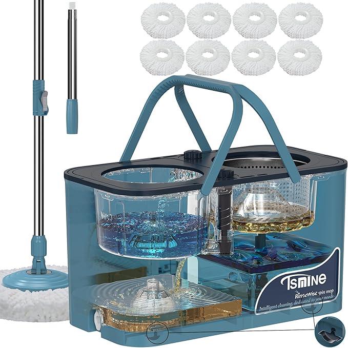 Gen 1 Large-Capacity Spin Mop and Bucket – for Big Homes & Deep Cleaning Days,4-Chamber System Separates Dirty & Clean Water, 2-GAL Heavy-Duty Design with Wheels & 8 Refill Mop Heads - Blue/Grey - NeatNest