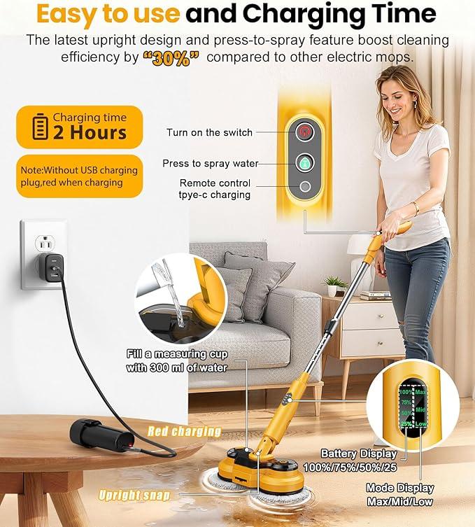 qimedo Electric Mop with 5000mAh Battery M2 , 800RPM Cordless Mops for Floor Cleaning, Automatic Spin Mops with Smart Display, Upright Rotating Power Mop with LED Light & Water Spray - NeatNest