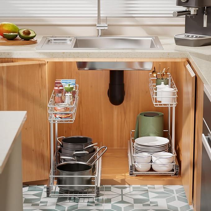 Under Sink Organizer 9"W X18.5"D，Pull Out Cabinet Organizer 2 Tier，Under Sink Slide Out Organizer Chrome Plated, Under Kitchen Bathroom Sink Organizer, Pantry Cabinet Closet Organization Rack, 1 Pack - NeatNest