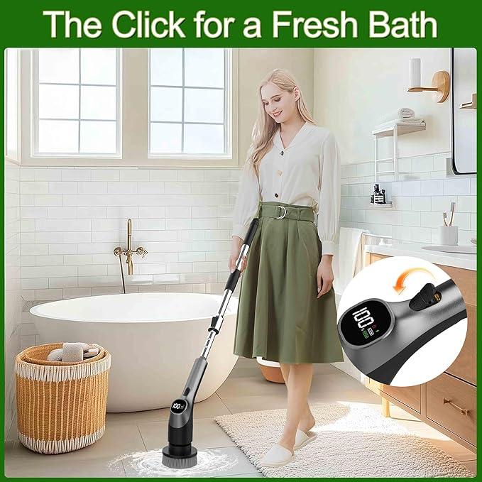 Electric Spin Scrubber, Shower Scrubber with Long Handle Adjustable LCD Display, 2 Speed Shower Cleaner, 7 Replaceable Brush Heads Bathroom Cleaning Brush, Bath Tub Power Scrubbers Black G3 - NeatNest