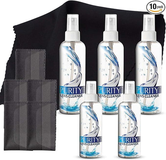 Purity Eyeglass Cleaner Mega Pack - Multi-Size Lens Cleaner Kit - 2x2oz, 3x8oz Bottles + 5 Black Premium Microfiber Cloths - Safe for All Lenses, Eyeglasses, and Screens - Streak-Free Formula - NeatNest