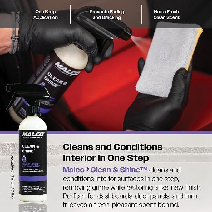 Malco Clean & Shine Interior Car Cleaner and Dressing – Restore Leather, Plastic and Vinyl Surfaces in Your Vehicle/Clean, Condition and Protect in 1 Simple Step / 1 Gallon (125901) - NeatNest