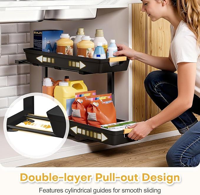 Homde 2-Tier Under Sink Organizer: 2pcs Set Adjustable Pull Out Drawer Undersink Cabinet Storage Rack for Home Kitchen Bathroom - NeatNest