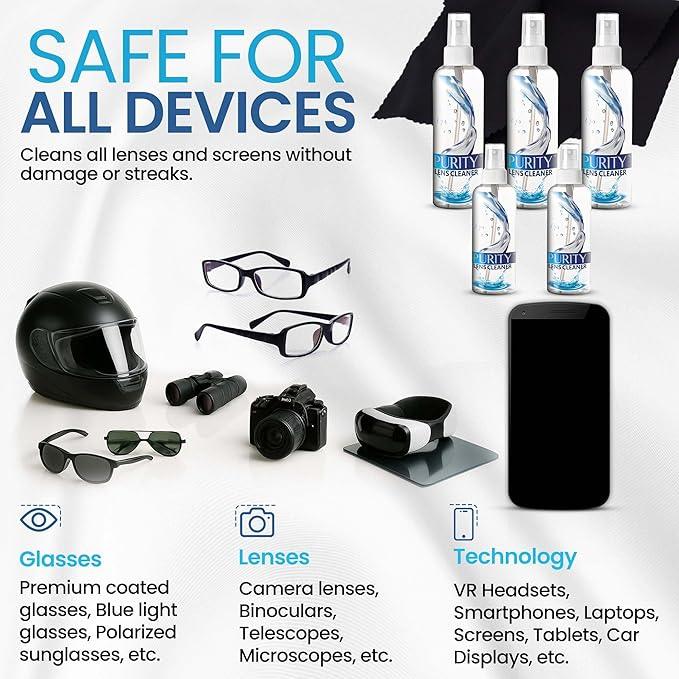 Purity Eyeglass Cleaner Mega Pack - Multi-Size Lens Cleaner Kit - 2x2oz, 3x8oz Bottles + 5 Black Premium Microfiber Cloths - Safe for All Lenses, Eyeglasses, and Screens - Streak-Free Formula - NeatNest