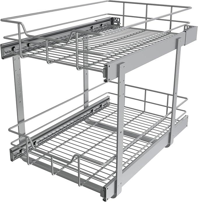 2 Tier Pull Out Cabinet Organizer 15" W X 22" D, Slide Out Drawers For Kitchen Cabinets, Pull Out Drawers For Cabinets Capacity Heavy Duty Caddy, Cabinet Pullout Shelves Chrome-Plated,Bathroom Pantry - NeatNest