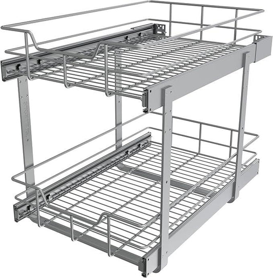 2 Tier Pull Out Cabinet Organizer 15" W X 22" D, Slide Out Drawers For Kitchen Cabinets, Pull Out Drawers For Cabinets Capacity Heavy Duty Caddy, Cabinet Pullout Shelves Chrome-Plated,Bathroom Pantry - NeatNest