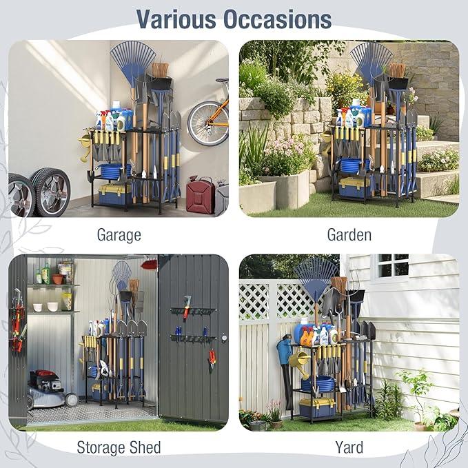 Garden Tool Organizer, Metal Yard Tool Organizer,Holds 70 Long-Handled Tools/Rakes/Brooms,Side Garden Pocket,Heavy Duty Steel Yard Tool Storage Rack for Garage,Shed, Outdoor(Black-Large) - NeatNest