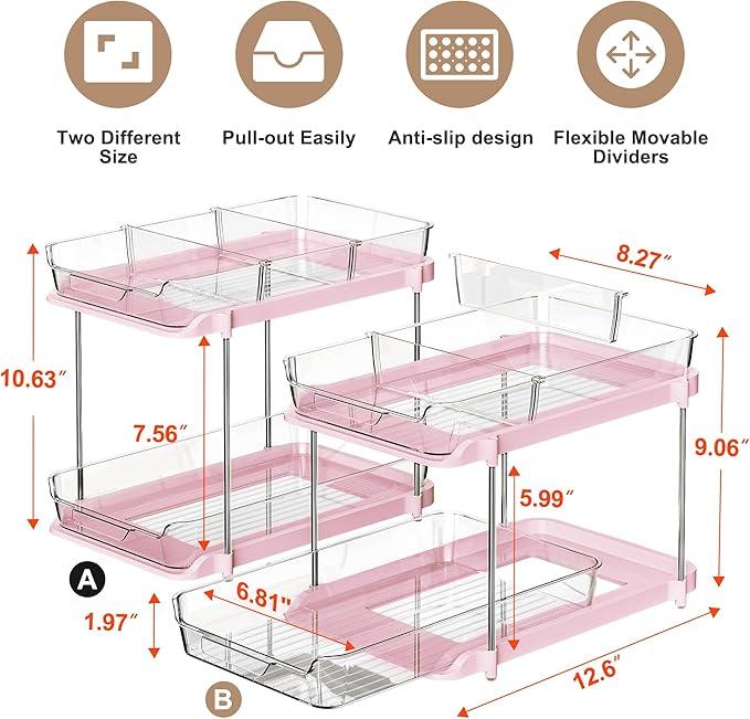 Delamu 2-Tier Multi-Purpose Bathroom Under Sink Organizers and Storage, Stackable Kitchen Pantry Organization, Pull Out Medicine Cabinet Organizer with Movable Dividers, Pink, 2 Pack - NeatNest