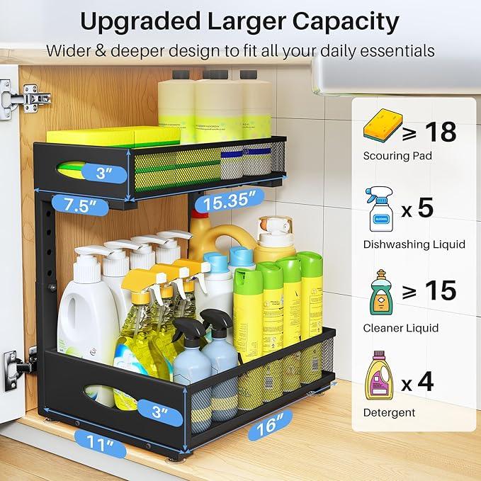 Under Sink Organizer, 2 Pack 2 Tier Pull Out Under Cabinet Organizer Shelf with Pad for Framed Cabinets, Metal Slide Out Under Sink Storage, Mesh Sliding Drawers for Kitchen Bathroom Laundry, Black - NeatNest