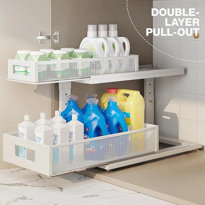 2 Pack 18.5IN-Depth Under Sink Organizer With Next-Gen Ball-Bearing Slides,2-Tier Pull Out Cabinet Storage,Height Adjustable Drawer Shelf for Bathroom,Kitchen,Laundry,Cabinet,Pantry-White - NeatNest