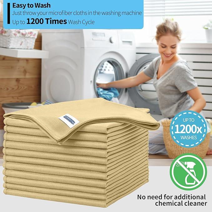 HOMERHYME Microfiber Cleaning Cloth, 12 Pack Window Glasses Cleaning Cloth, Reusable Lint-Free Streak Free Polishing Cloth Wipes for Stainless Steel, Eyeglass, Mirror, Screen & Lense,12"*12" Beige - NeatNest