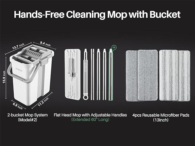 JOYMOOP Mop and Bucket with Wringer Set, Flat Squeeze Mop Flat Head, Dust Mops for Wall Cleaner with Long Handle, Hands-Free Microfiber Mops for Floor Cleaning - White - NeatNest
