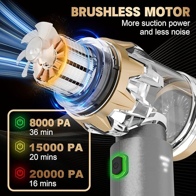 Car Vacuum Portable Cordless, 20000PA High Power Vacuum Cleaner, Brushless Motor, 3-Speed Modes, 4 in 1 Compressed Air Duster, Air Blower, Pump Handheld Vacuum for Car, Home, Office, Camping - Grey - NeatNest