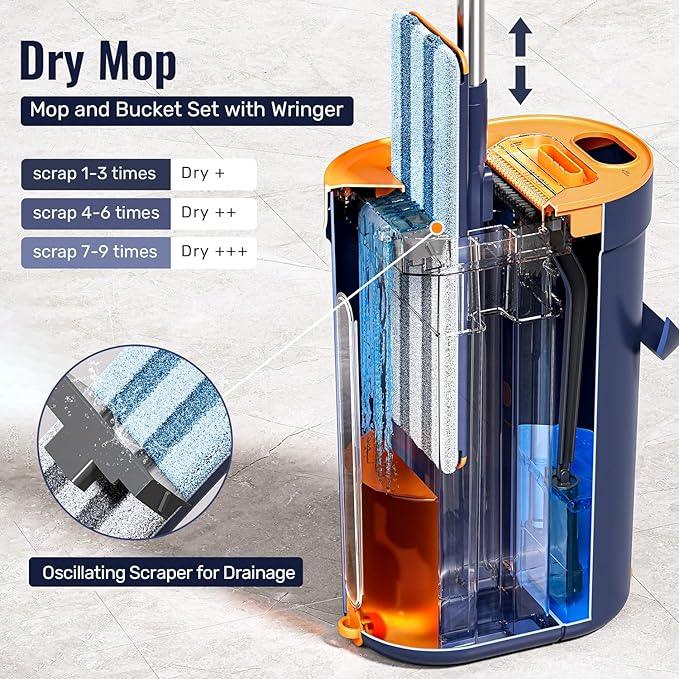 Mop and Bucket Set with Wringer, 3-Tank Flat Mop and Bucket System, Wall Mop Cleaner with Long Handle, Hands Free Mops for Floor Cleaning with 4 Microfiber Pads - NeatNest