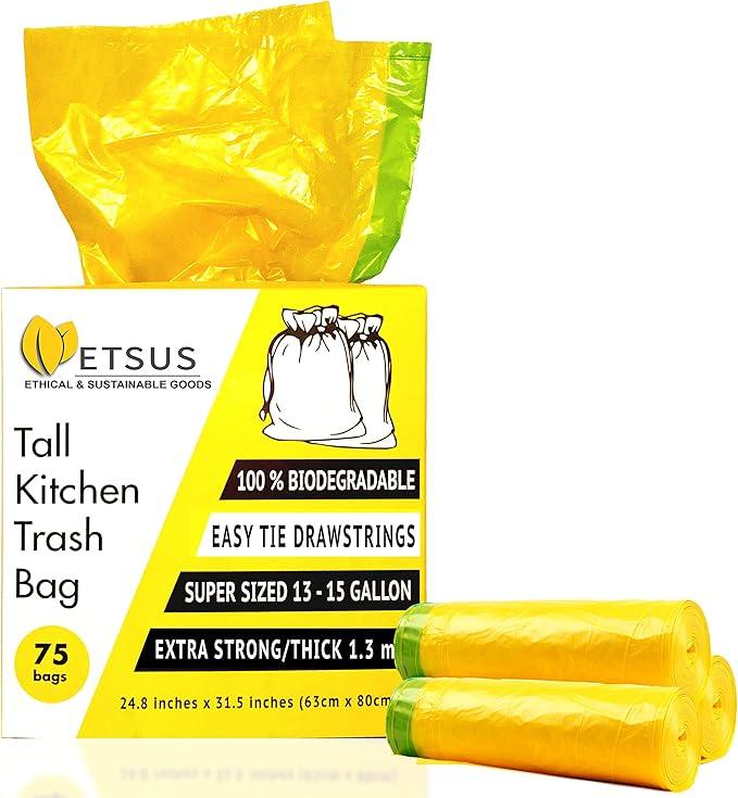13 Gallon Biodegradable Trash Bags with Drawstrings, 75 Count Plant Based, Code Q Tall Kitchen Compost Bags 50 Liter Bin - Green Garbage Liners - 1.3 mil Thick Heavy Duty and Eco Friendly Trash Bags - NeatNest