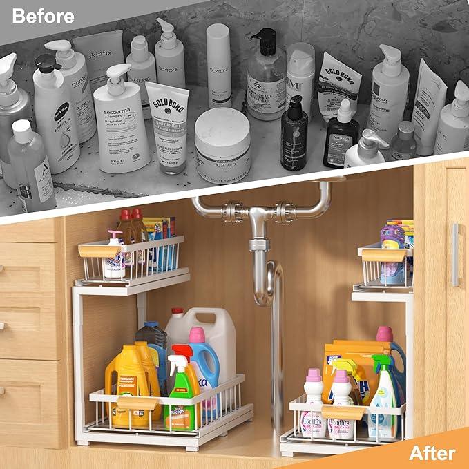 Under Sink Organizer, Pull Out Cabinet Organizer 2 Tier Slide Out Sink Shelf Cabinet Storage Shelves,Kitchen & Bathroom Organizers,Metal (White, 1 Pack-14.6 * 10.6 * 16.5in) - NeatNest