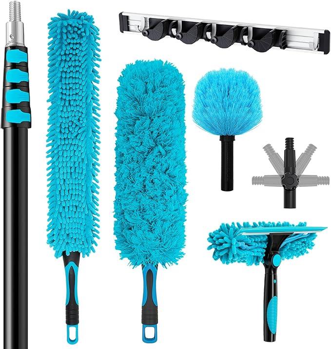 36 Foot High Reach Duster Kit with 7-30 ft Extension Pole, High Ceiling Fan Cleaner Duster Tool for Fan Blades, Window Squeegee, Washable Dust Brush for Roof and Glass Surfaces (7-30 ft) - NeatNest