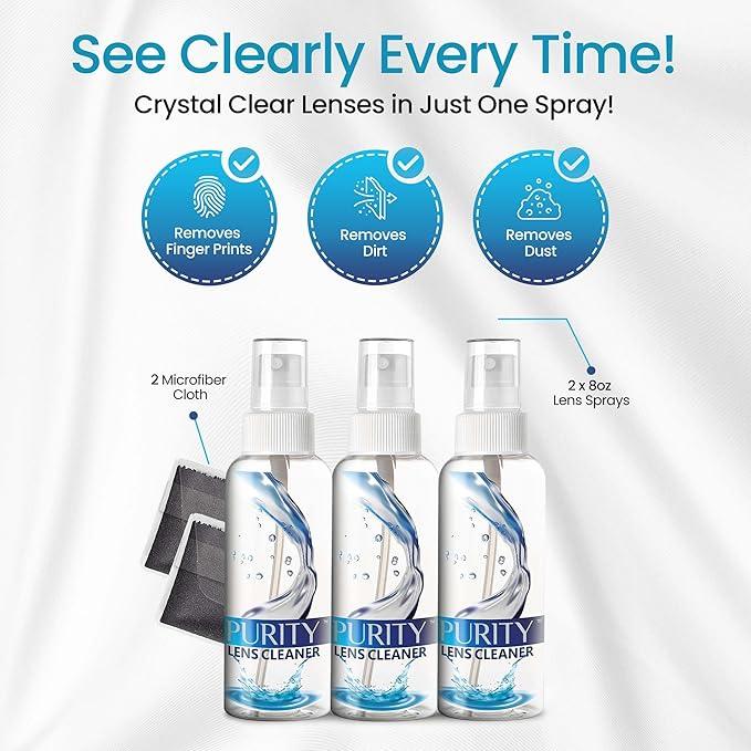 Purity Eyeglass Lens Cleaner Kit - 3 x 2oz Travel Size Lens Cleaner Spray Bottle + 2 Microfiber Cleaning Cloths - Safe for All Lenses (AR Coated Included), Eyeglasses and Screens - Clear - NeatNest