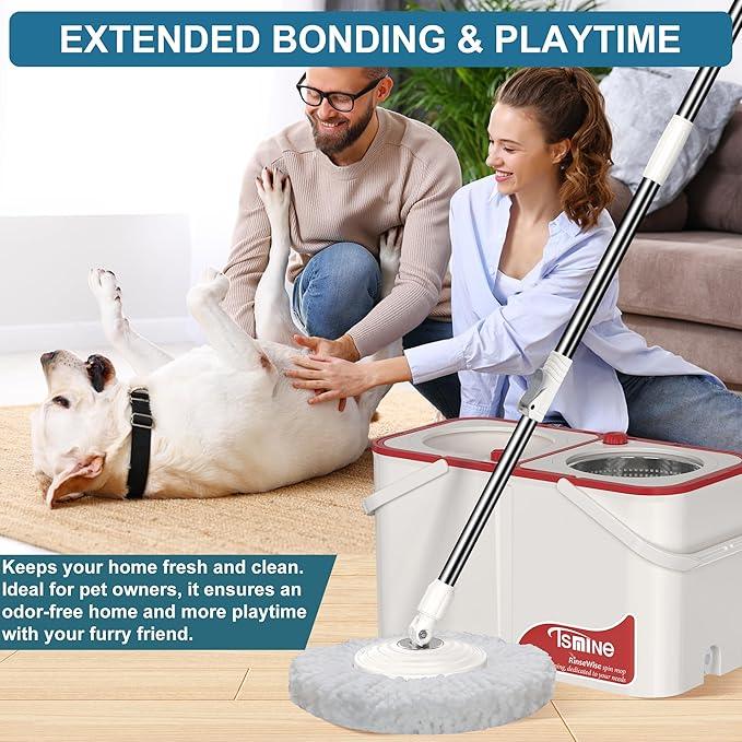 Gen 1 Large-Capacity Spin Mop and Bucket – for Big Homes & Deep Cleaning Days,4-Chamber System Separates Dirty & Clean Water, 2-GAL Heavy-Duty Design with Wheels & 6 Refill Mop Heads - White/Red - NeatNest