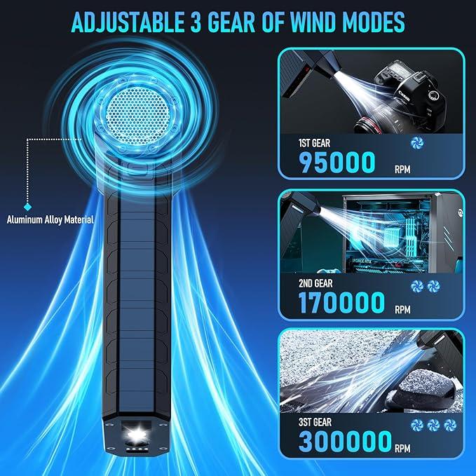 Electric Air Duster - Vacuum 2 in 1 & Cordless 6000mAh Mini Turbo Fan Blower, Keyboard Computer Car Cleaner, Replaces Compressed Air Can, Black(300000RPM) - NeatNest