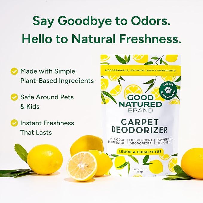 Good Natured Brand | Carpet Deodorizer & Freshener Powder | 31 oz Pet Odor Eliminator for Strong Odor & Pet Urine | Fresh Natural Lemon & Eucalyptus Scent | Safe for Homes with Pets - NeatNest
