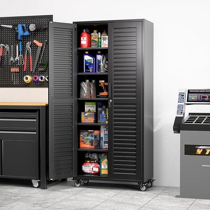 SUXXAN Garage Storage Cabinet with Wheels Pegboard and 5 Adjustable Shelves, 71"x 31.5"x15.8" Metal Lockable Cabinet with Louvered Doors, Tool Storage, Home Office Garage, Gym, School (Black) - NeatNest