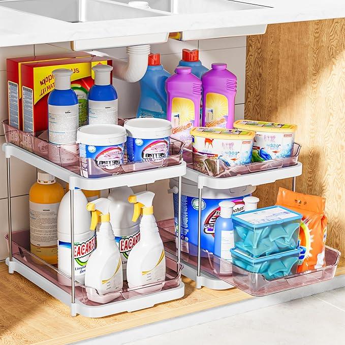 Delamu 2-Tier Multi-Purpose Bathroom Under Sink Organizers and Storage, Stackable Kitchen Pantry Organization, Pull Out Medicine Cabinet Organizer with Movable Dividers, Light Pink, 2 Pack - NeatNest