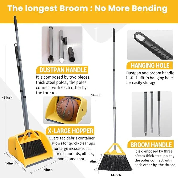 Commercial Broom and Dustpan Set, Jumbo Lobby Debris Dustpan (14inch*14inch), Heavy Duty Broom (14inch Width),for Indoor and Outdoor Cleaning,2 Sets, Yellow - NeatNest