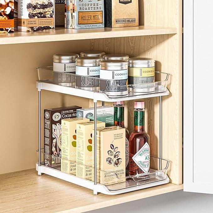 Delamu 2-Tier Multi-Purpose Bathroom Under Sink Organizers and Storage, Stackable Kitchen Pantry Organization, Pull Out Medicine Cabinet Organizer with Movable Dividers, White, 1 Pack - NeatNest