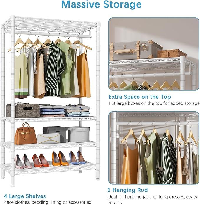 VIPEK V1 Wire Garment Rack 4 Tiers Heavy Duty Clothes Rack for Hanging Clothes Freestanding Closet Clothing Rack with 4 Adjustable Shelves, 35.4" L X 15.7" W X 70.9" H, Max Load 500LBS, White - NeatNest