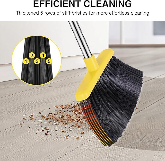 NACENA Broom and Dustpan Set, 52-in Long Adjustable Handle Broom Dustpan Combo with Dustpan Teeth to Automatically Clean Hair Suitable for Home Kitchen Office Hall Floor (Grey&Yellow), 4 Pack - NeatNest