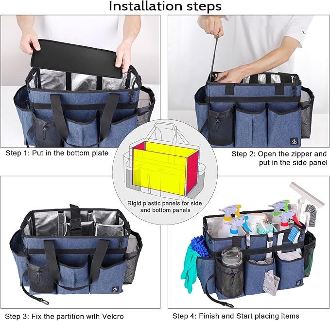 Large Wearable Cleaning Caddy Bag with Detachable Divider, Cleaning Organizer with Handles, Cleaning Supply Tote with Adjustable Shoulder Strap&Waist Belt for Cleaners & Housekeeper (Blue) - NeatNest