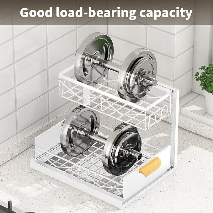 Under Sink Organizer - 2 Tier Pull Out Cabinet Organizer with Sliding Drawers, Adjustable Metal Storage Shelf for Kitchen & Bathroom, Space Saving Storage Solution (White, 1-Pack) - NeatNest