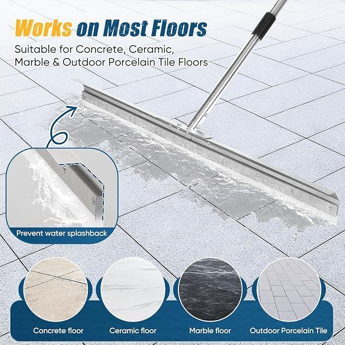 CAROD 33.4" Heavy Duty Floor Squeegee for Concrete, Industrial Silicone Blade Squeegee for Floor with 63" Stainless Handle, Anti-Splash Curved Baffle Design for Warehouse, Factory, Outdoor Use - NeatNest