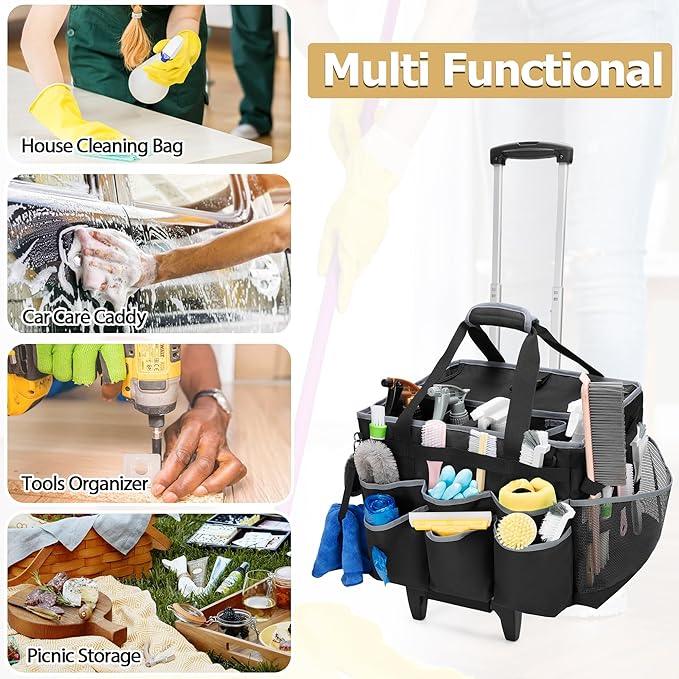 Large Cleaning Caddy with Detachable Trolley & Shoulder Strap, Cleaning Supplies Bag with Handles & Support Plates, Cleaning Product Rolling Organizer for Car Wash and Housekeeping - NeatNest