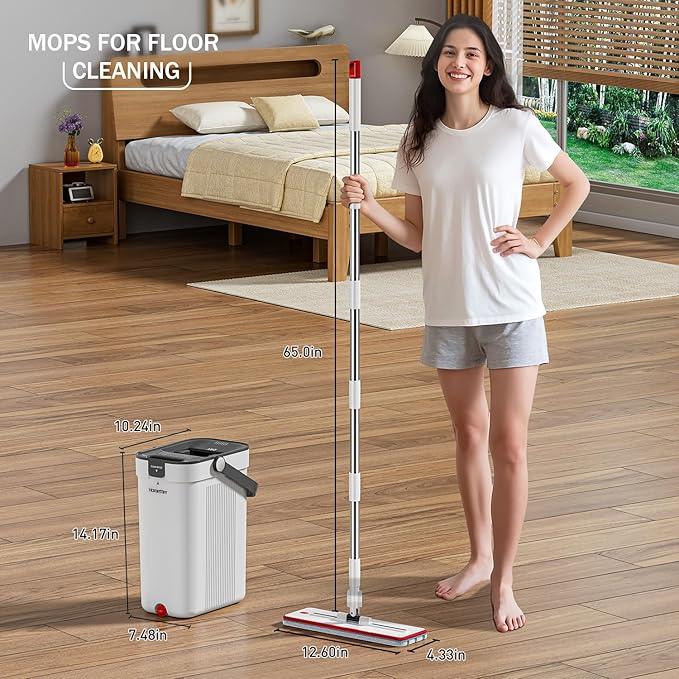 Mop and Bucket Set, Flat Mop and Bucket System with Separate Dirty and Clean Water, 3-Compartment Wall Cleaner Mop, Flat Mops for Floor Cleaning with 4 Microfiber Pads - NeatNest