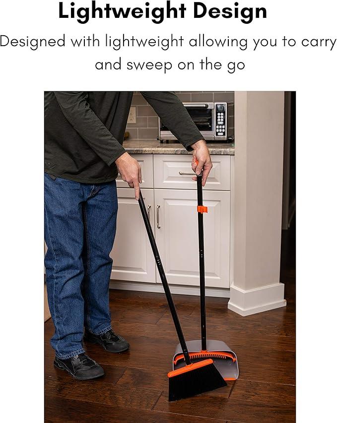 BirdRock Home Broom and Dustpan Set - Lobby Dust Pan - Orange and Grey Durable Set - Indoor or Outdoor - Sweep Combo Great for Kitchen, Home, Garage and Office - Clip On Self Cleaning Bristles - NeatNest