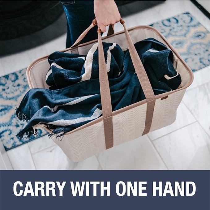 CleverMade Collapsible Laundry Tote - LUXE Mocha 2-Pack 50L - Foldable Storage Organization Container for Clothes Laundry Room Storage Solution - NeatNest