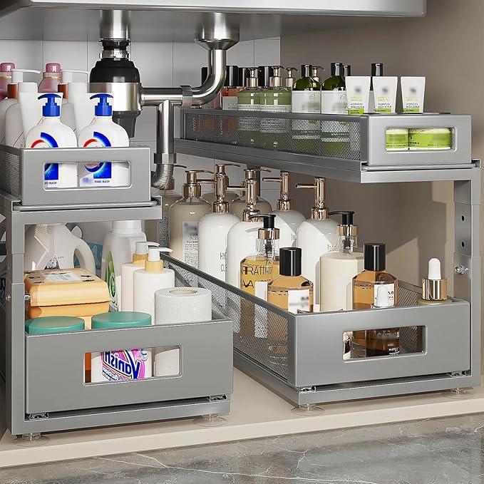 2 Pack 21.3IN-Depth Under Sink Organizer with Next-Gen Ball-Bearing Slides,2-Tier Pull Out Cabinet Storage,Height Adjustable Drawer Shelf for Bathroom,Kitchen,Laundry,Cabinet,Pantry-Gun Gray - NeatNest
