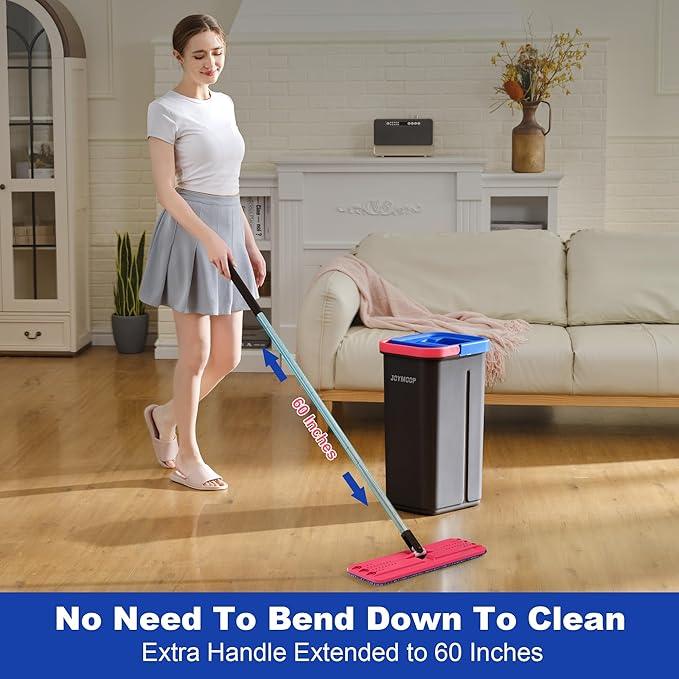 JOYMOOP Microfiber Flat Mop and Bucket System, Mops for Floor Cleaning and Wall Cleaner, Hardwood, Tile, Laminate, Vinyl Floors, Smooth Walls, and Glass Windows - 60" Flat Mop+5 Microfiber Pads[Black] - NeatNest
