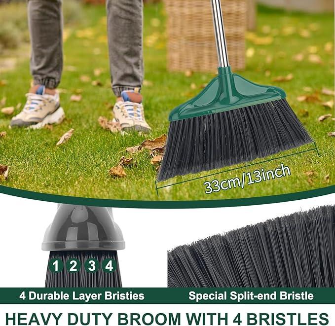 4 PCS Heavy Duty Broom Outdoor/Indoor Commercial Broom with 61" Long Handle,Perfect for Home Garage Kitchen Office Lobby Room Floor,Black and Green - NeatNest