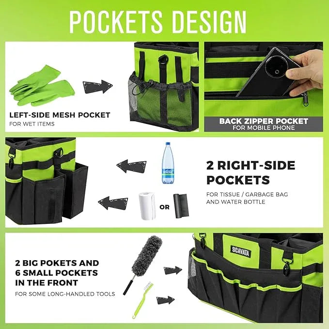 Wearable Cleaning Caddy Bag, Cleaning Caddy Supplies Organizer with Handle & Shoulder Straps for Housekeepers, Under Sink & Car Cleaning Tool Organizers with 4 Foldable Divider (NeonGreen) - NeatNest