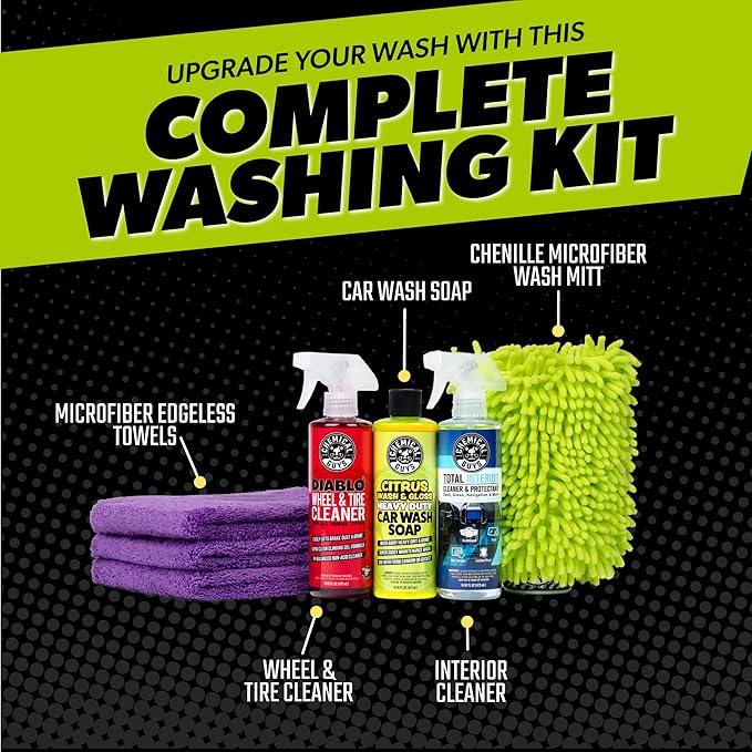Chemical Guys Car Cleaning Kit - With Car Wash Soap, Wheel Cleaner, Total Interior, Car Wash Mitt - Interior and Exterior Wash Kit With Vehicle Cleaning and Detailing Accessories - 7 Item Kit - NeatNest