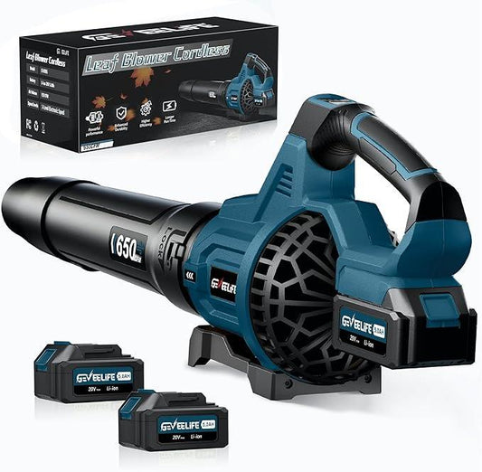 GEVEELIFE Leaf Blower Cordless, 650CFM & 3 Speed Levels, Electric Cordless Leaf Blower with 2 * 5.0Ah Battery Powered, Blowers for Lawn Care, Yard, Blowing Leaves, Dust, Snow - NeatNest