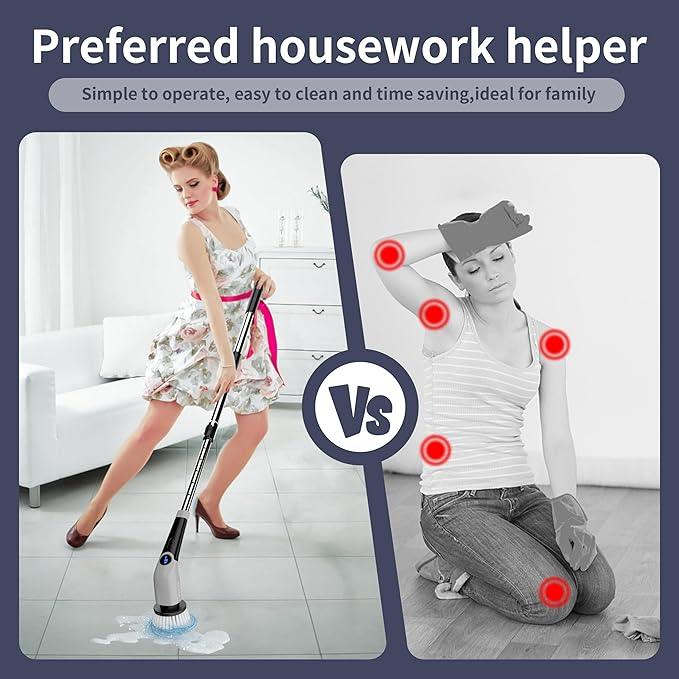 YKYI Electric Spin Scrubber,Cordless Electric Cleaning Brush,Power Scrubber with 8 Replaceable Brush Heads,3 Adjustable Speeds,Voice Broadcast,Shower Scrubber with Long Handle for Bathtub Tile Floor - NeatNest